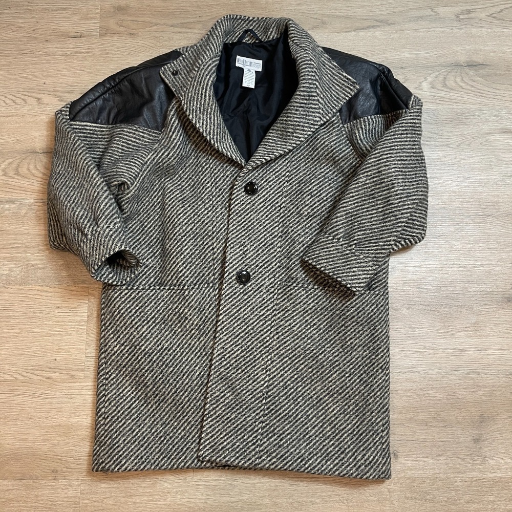 Vintage Ballen Design Wool Coat Womens 12 Gray Tweed Leather Trim Uruguay